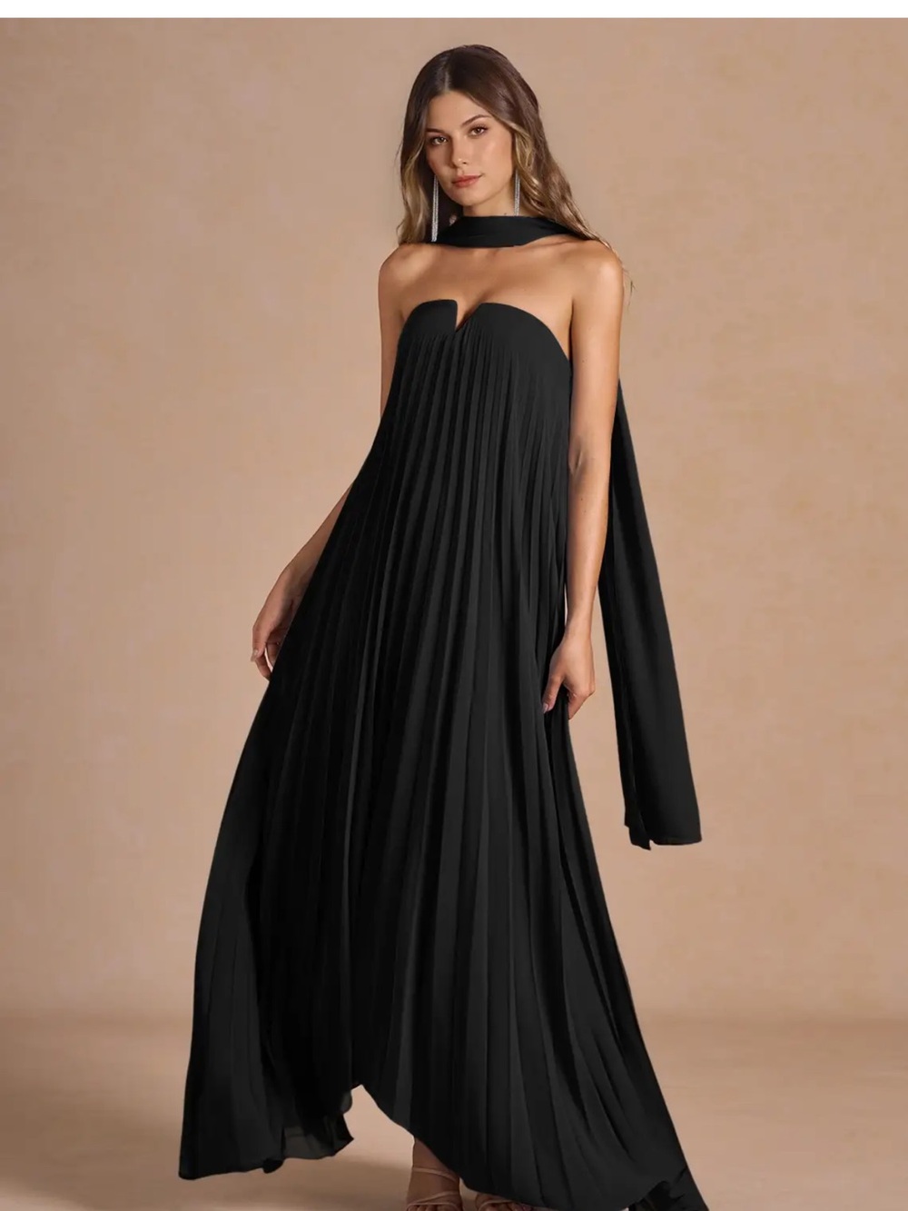 Azazie Black Strapless Pleated Maxi Dress with Scarf Accent